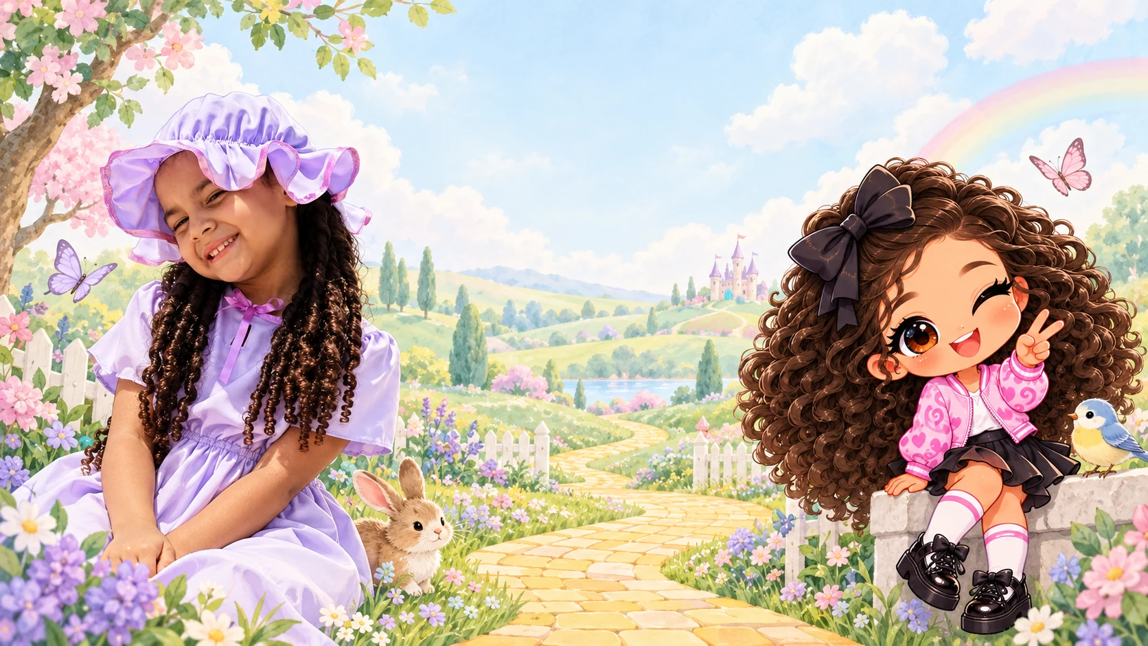 Natalie e sua personagem chibi em um jardim de conto de fadas, com borboletas, coelhinho, passarinho e um caminho de tijolinhos até um castelo distante.